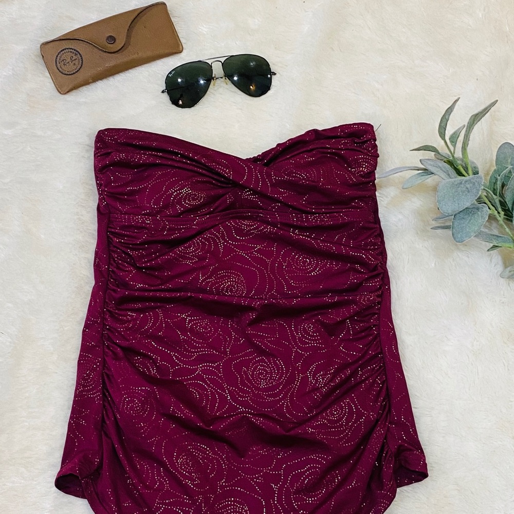 Strapless Merona Maroon & Gold Roses Swimsuit S